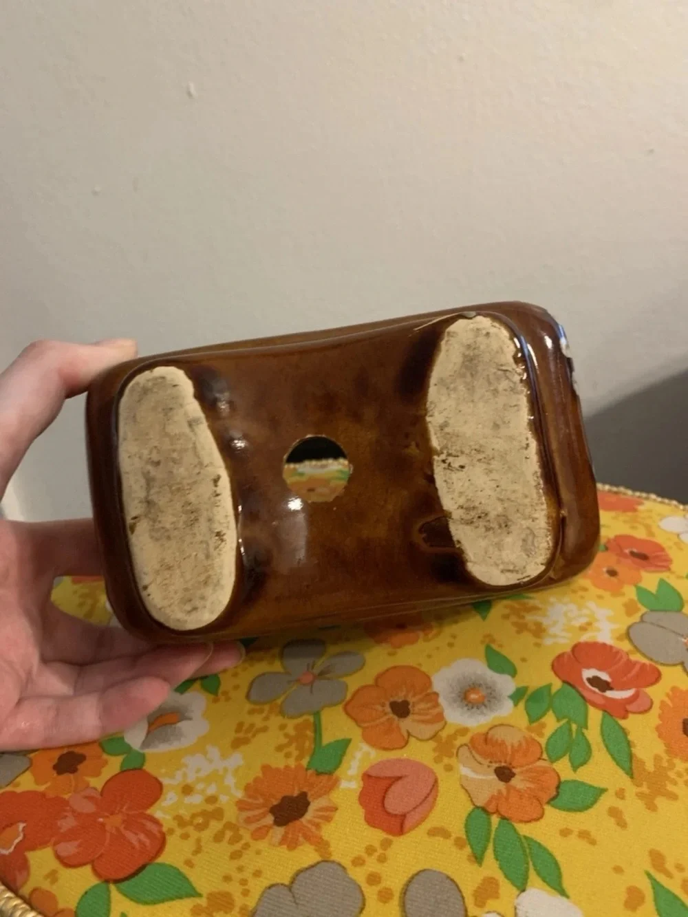 Mid-Century Drip Glaze McCoy Ceramic Rectangle Planter Brown Beige Drain